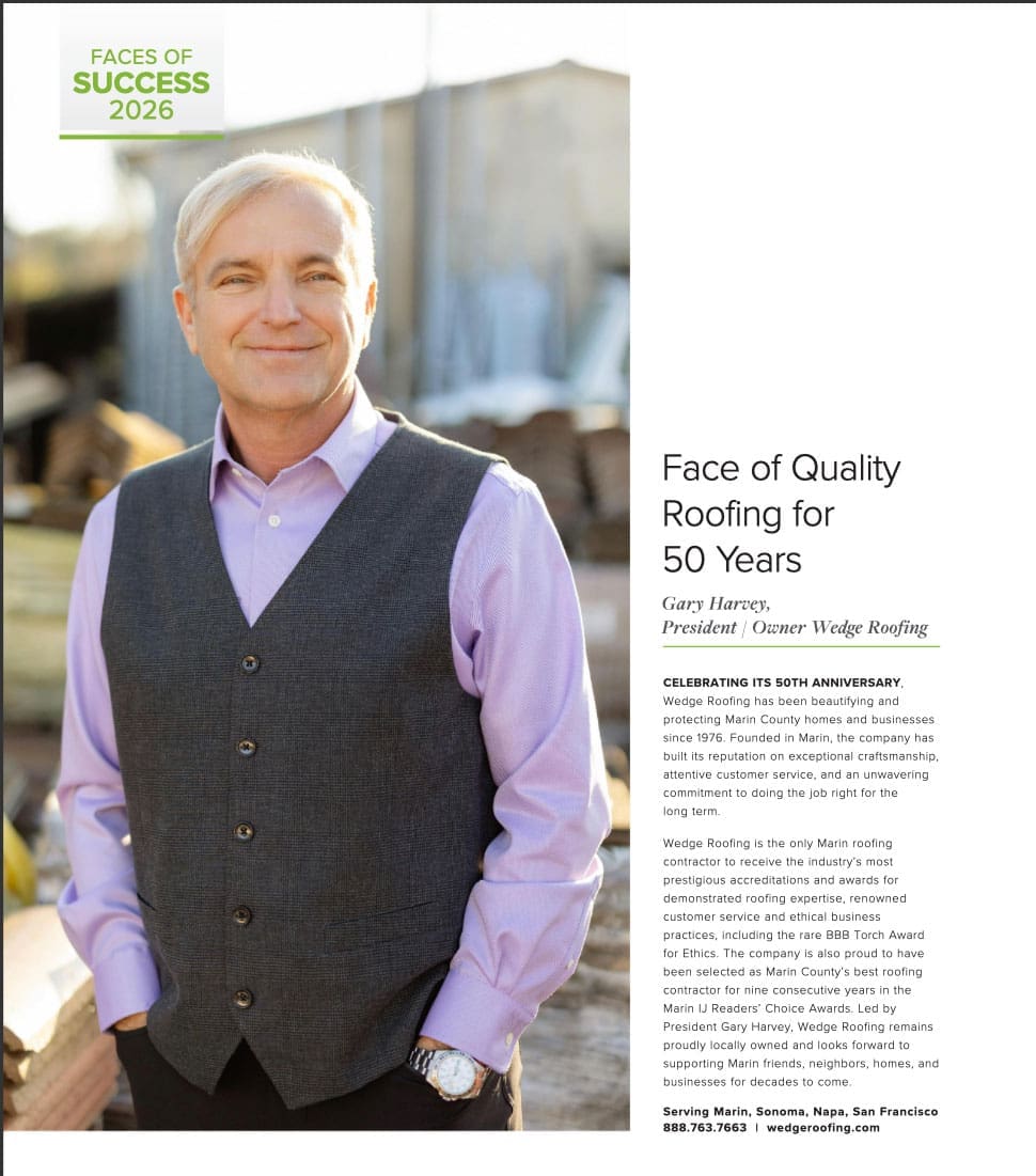Marin County Faces of Success Gary Harvey Wedge Roofing Owner.
